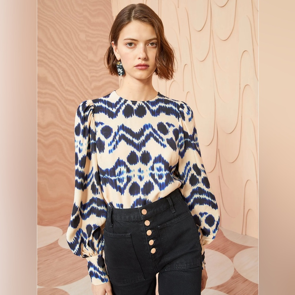 Ulla Johnson Lilliana Blouse Blue Printed Long-Sleeve Blouse, Size 10